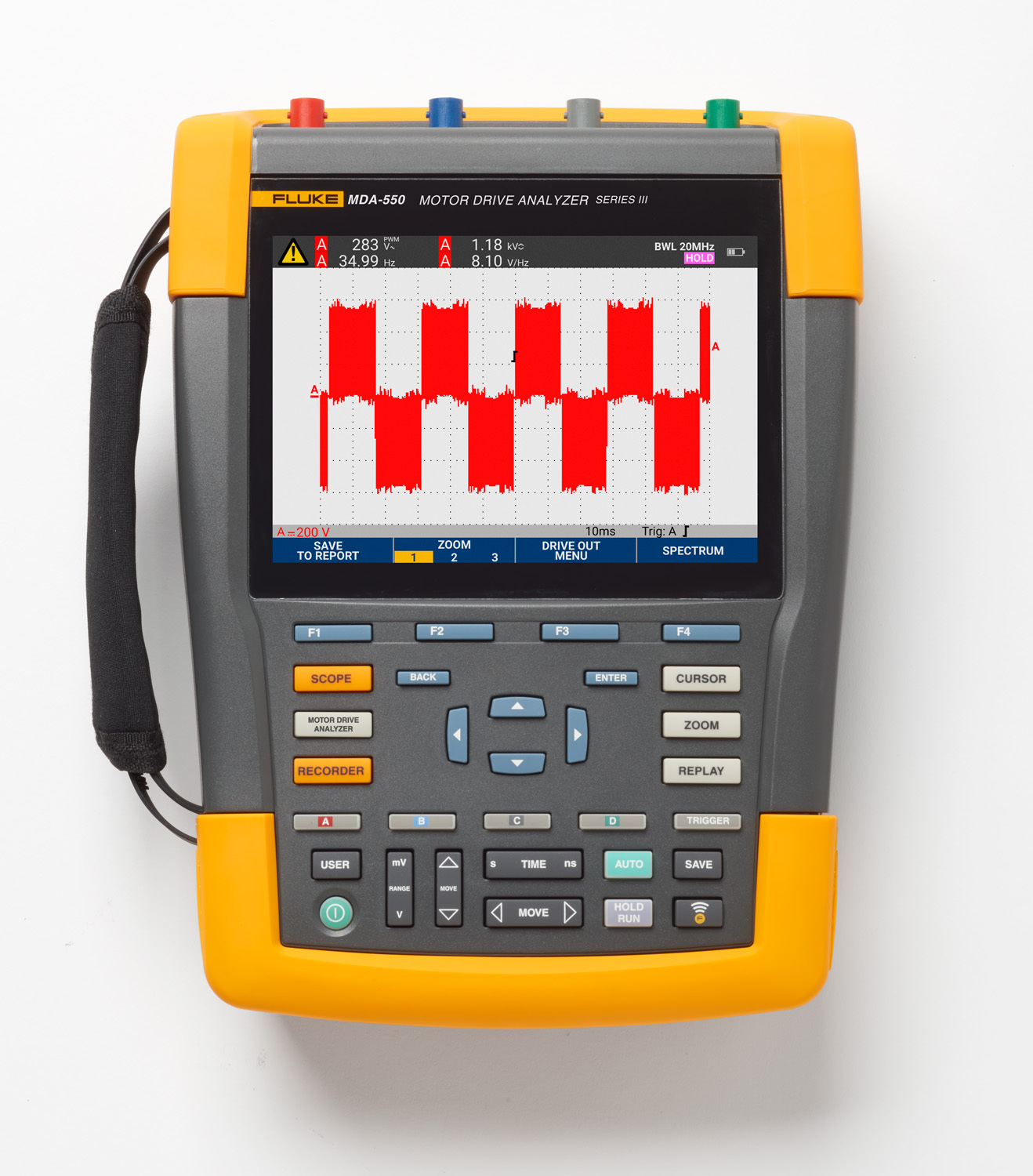 The FlukeMDA 550-III Motor-Drive Analyzers save time and eliminate the hassle of setting up complex measurements, while simplifying the troubleshooting process for variable frequency drives. Simply select a test and the step-by-step guided measurements show you where to make voltage and current connections, while the preset measurement profiles ensure you will capture all the data you need for each critical motor-drive sectionfrom the input to the output, the DC bus, and the motor itself. From basic to advanced measurements, the MDA-500 Series has you covered, and with a built-in report generator you can quickly and easily generate as-found, and as-left reports with confidence.