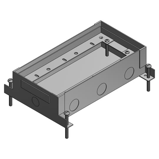 Three Gang Shallow Flush Service Floor Box, 123 Cubic Inches, Length 7-1/4 Inches, Width 5-1/2 Inches, Depth 2-5/8 Inches, 1/2 Inch 3/4 Inch and 1-1/4 Inch Knockouts, Galvanized Steel, For Power or Communications/Data