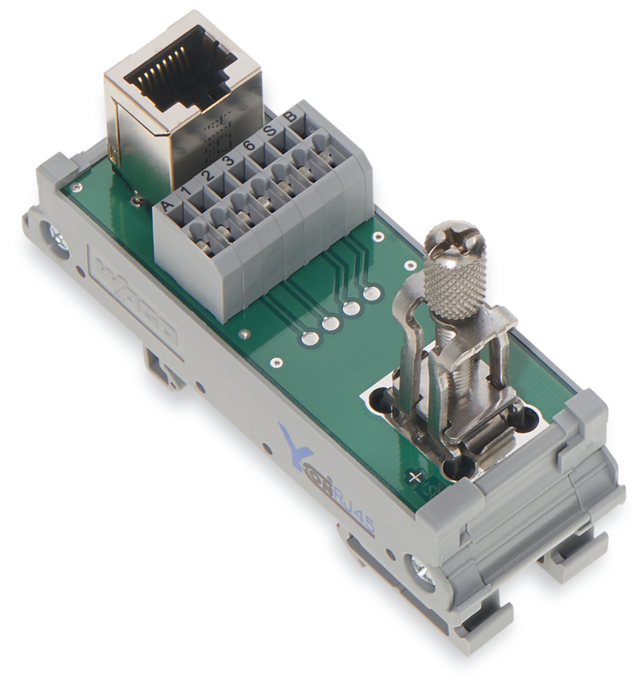 Interface module; RJ-45; with power jumper contacts; PCB terminal blocks; Cat. 5; in mounting carrier; with shield connection; with shield clamping saddle; 1,50 mm