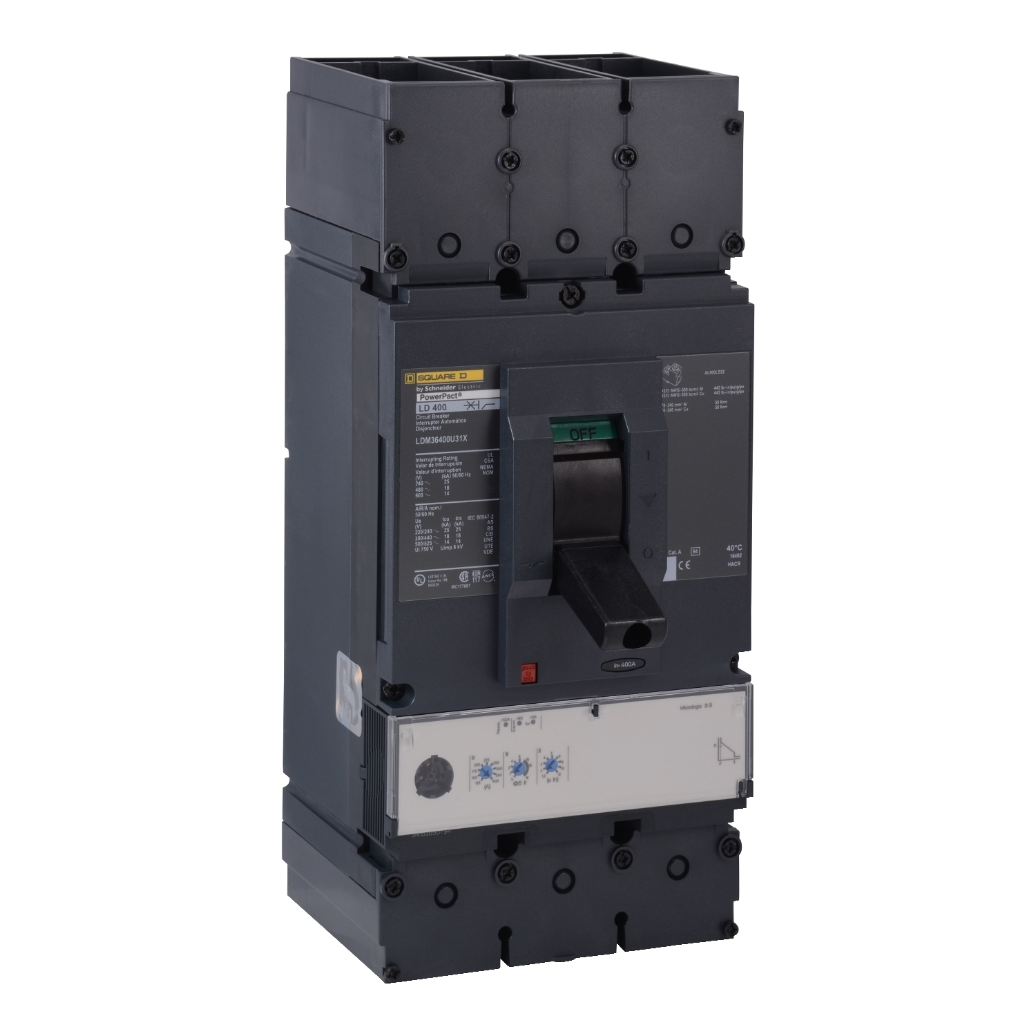 Circuit breaker, PowerPacT L, 400A, 3 pole, 600VAC, 25kA, lugs, MicroLogic 3.3, 80%