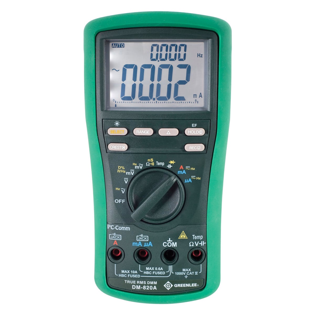 ESM Series Digital Multimeters.  True RMS for no-compromise accuracy.  Measures voltage, current,resistance, capacitance and frequency.  Tests continuity and diodes.  Backlit LCD with dual 10,000 count displays.  BeepJack warns when test leads are incorrectly inserted in current measurement terminals.  Automatic and manual range selection.  Relative offset mode to see changes in measurements.  Data hold.  Crest capture (peak hold) plus recording of max, min, max-min and average.  Two voltage detection modes, non-contact or using a single test lead.  One temperature measurement using a type K thermocouple.  Conductance measurement.  Use optional USB interface DMSC-9U for direct-To-PC logging.  Lifetime limited warranty.     Accessories included: (1)9V battery, test leads, protective boot, carrying case.