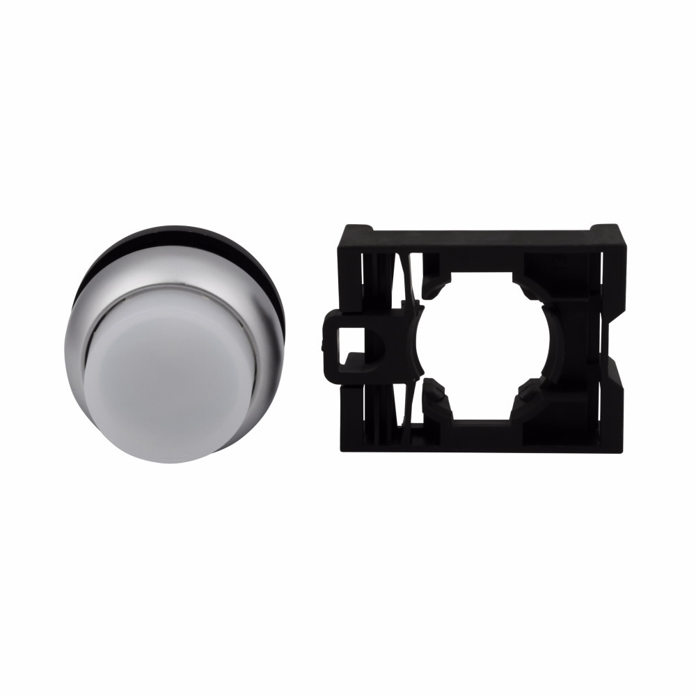 Eaton M22 modular pushbutton, 22.5 mm, Extended, Momentary, Illuminated, Bezel: Silver, Button: White, IP67, IP69K, NEMA 4x, 13, 5,000,000 Million mechanical operations