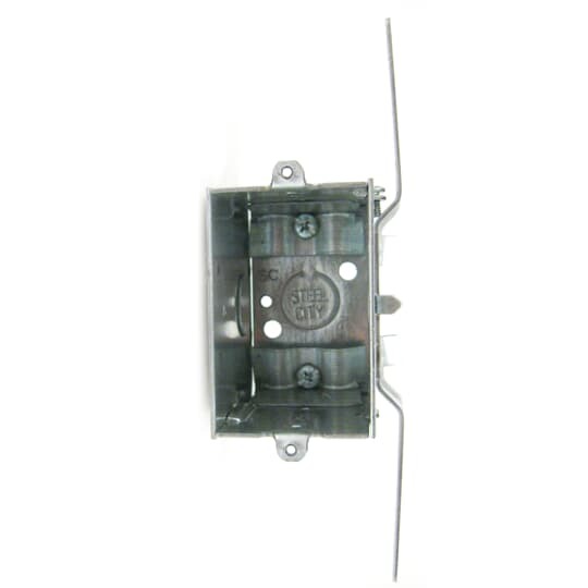 Gangable Switch Box, 14 Cubic Inches, 3 Inches Long x 2 Inches Wide x 2-3/4 Inches Deep, 1/2 Inch Knockouts, Pre-Galvanized Steel, Non-Metallic Cable Clamps (C-5) and CV Bracket Recessed 7/8 Inches, For use with Non-Metallic Sheathed Cable