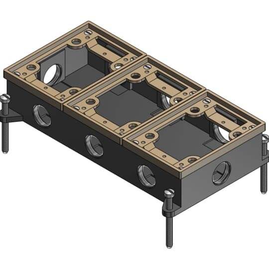 Three Gang Flush Service Floor Box, 49.5 Cubic Inches, Length 5-1/2 Inches, Width 10 Inches, Depth 2 Inches, 3/4 Inch Conduit Hubs, Cast Iron, For Power, Communications, and Data