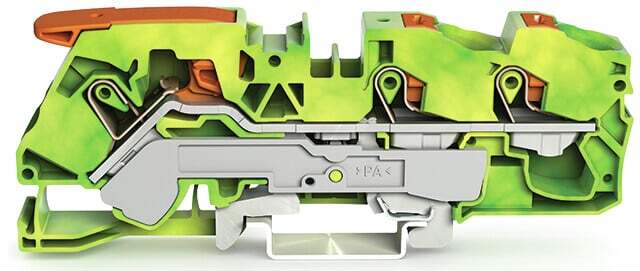 3-conductor ground terminal block; with lever and push-button; 16 mm; with test port; side and center marking; for DIN-rail 35 x 15 and 35 x 7.5; Push-in CAGE CLAMP; 16,00 mm; green-yellow