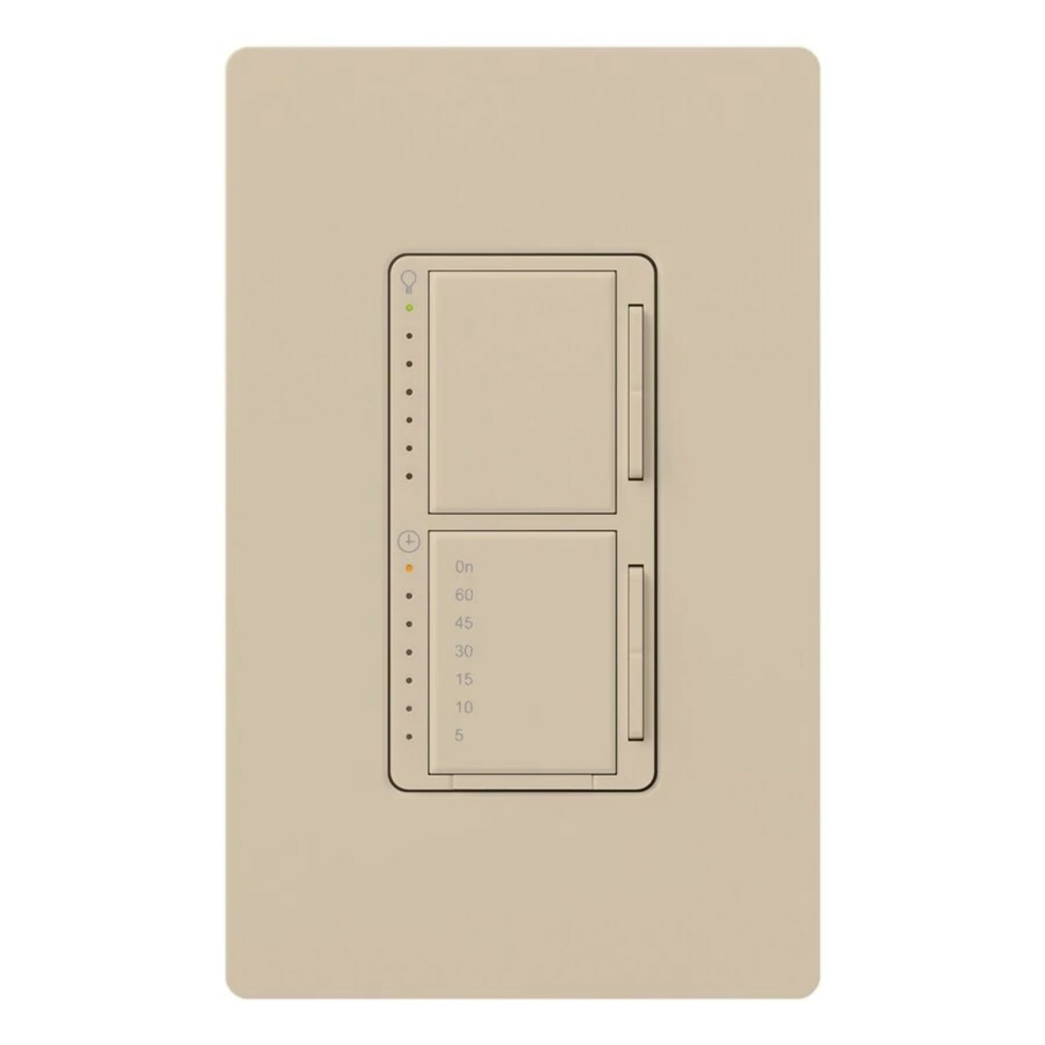 Maestro Dual Incandescent/Halogen Dimmer and Switch, Single-pole, clamshell packaging, wallplate included, White finish, 120V/300W dimmer, 2.5A switch in taupe