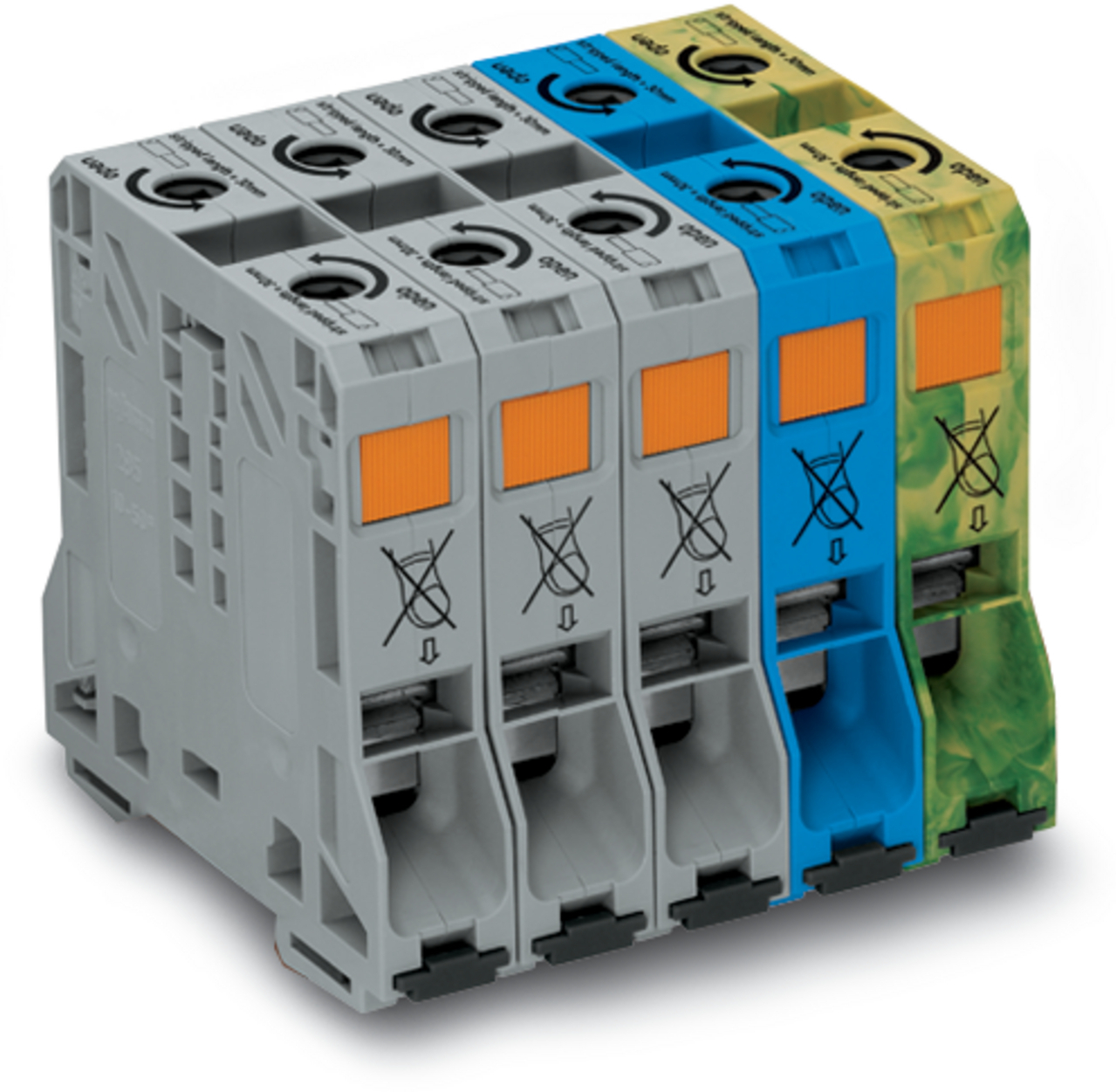 Three phase set; with 50 mm high-current tbs; only for DIN 35 x 15 rail; copper; 50 mm; POWER CAGE CLAMP; 50,00 mm; gray/blue/green-yellow