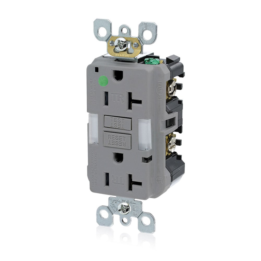 20 Amp, 125 Volt SmartlockPro Slim Guidelight Self-Test GFCI Receptacle, Hospital Grade, 20 Amp Feed-Through, Tamper-Resistant, Back & Side Wired, Wallplate Sold Separately - GRAY
