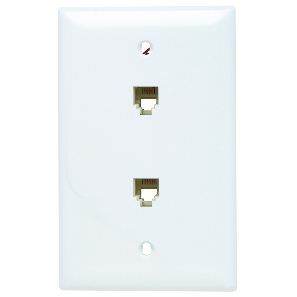Single gang, two modular four conductor RJ11 telephone jacks with wall plate. White.