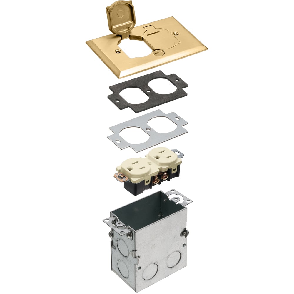 Floor box kit with steel box and metallic cover with flip lids. Single Gang. Brass.