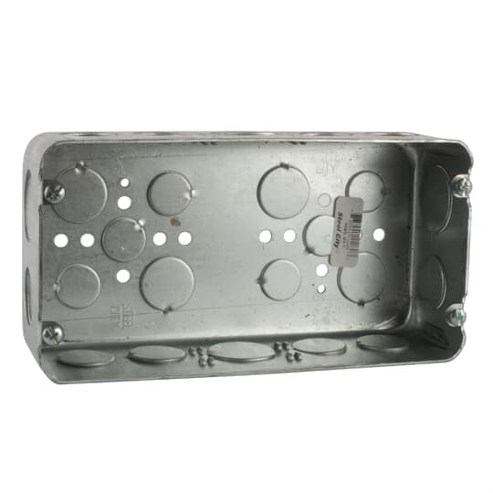 Three Gang Drawn-Style Gang Box, 90 Cubic Inches, 8-5/8 Inches Long x 4-1/2 Inches Tall x 2-1/2 Inches Deep, 3/4 Inch and 1 Inch Knockouts, Pre-Galvanized Steel, Drawn Construction, For use with Conduit