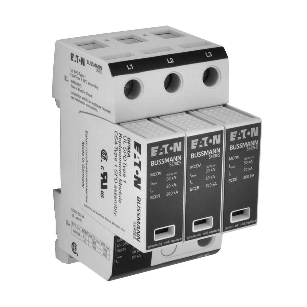 Eaton Bussmann series BSPM series surge arrestor, Technology type MOV, 277/480 V, Surge arrestor, Thermoplastic, UL94V2, 50/60 Hz, 200 Kilo Ampere, Thermoplastic, Remote Contact