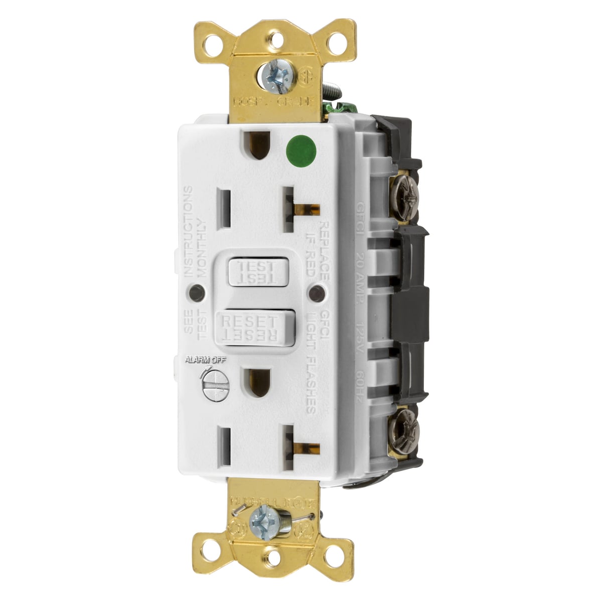 Power Protection Products, GFCI Receptacle, Self Test, Commercial Hospital Grade, 20A 125V, 2-Pole 3- Wire Grounding, 5-20R, With Alarm, Almond