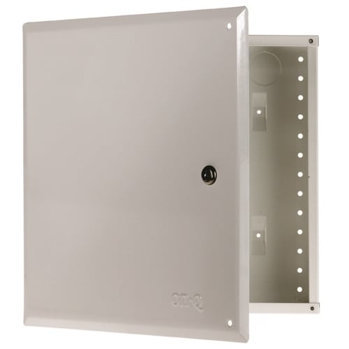 This 14" enclosure with hinged door features universal On-Q bay-style mounting holes that are compatible with all bay-style modules.