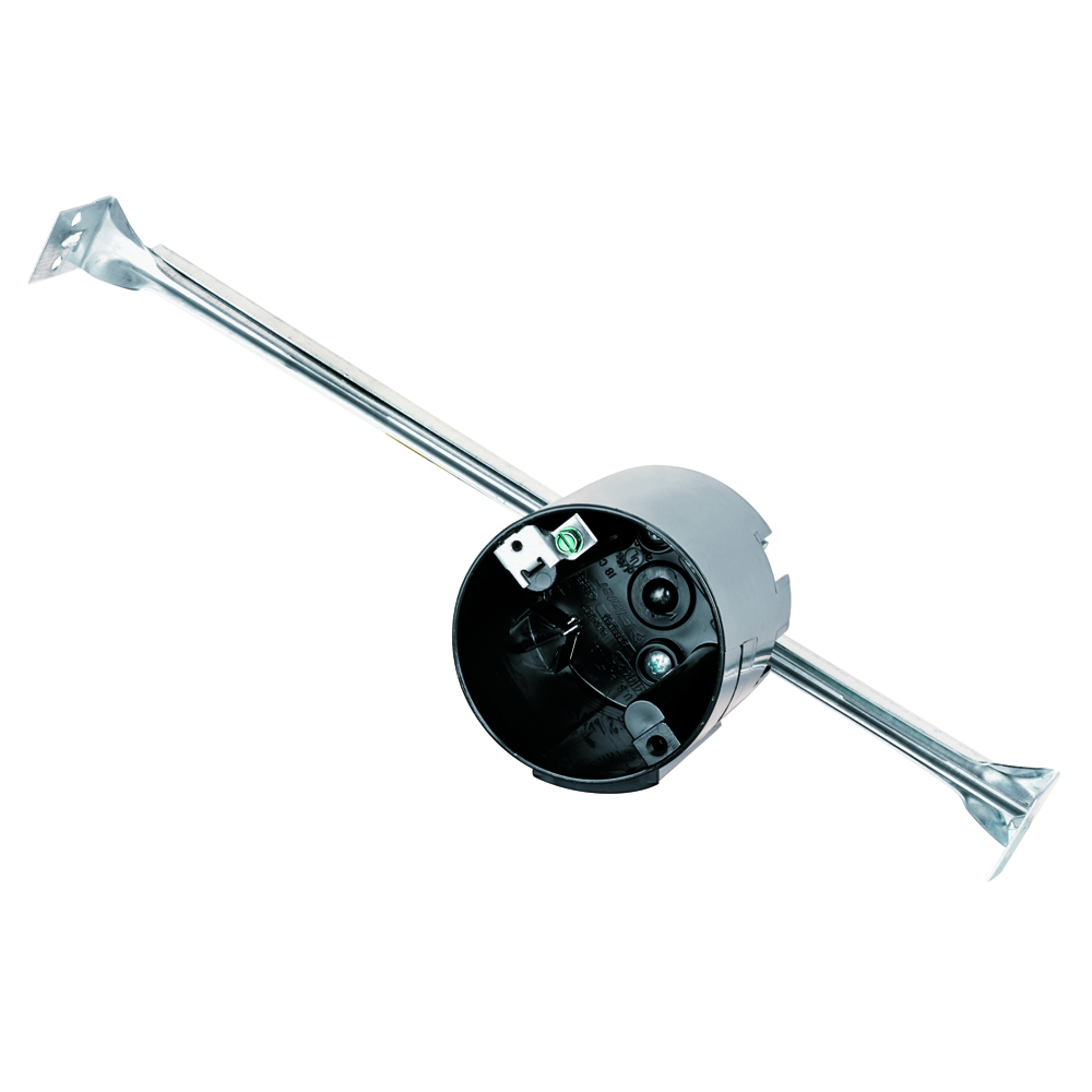 3 1/4 Round Ceiling Box with Bar-hangar that adjust to 16 or 24 joist spacing and Ground Lug. Four Auto/Clamps. 50pack.