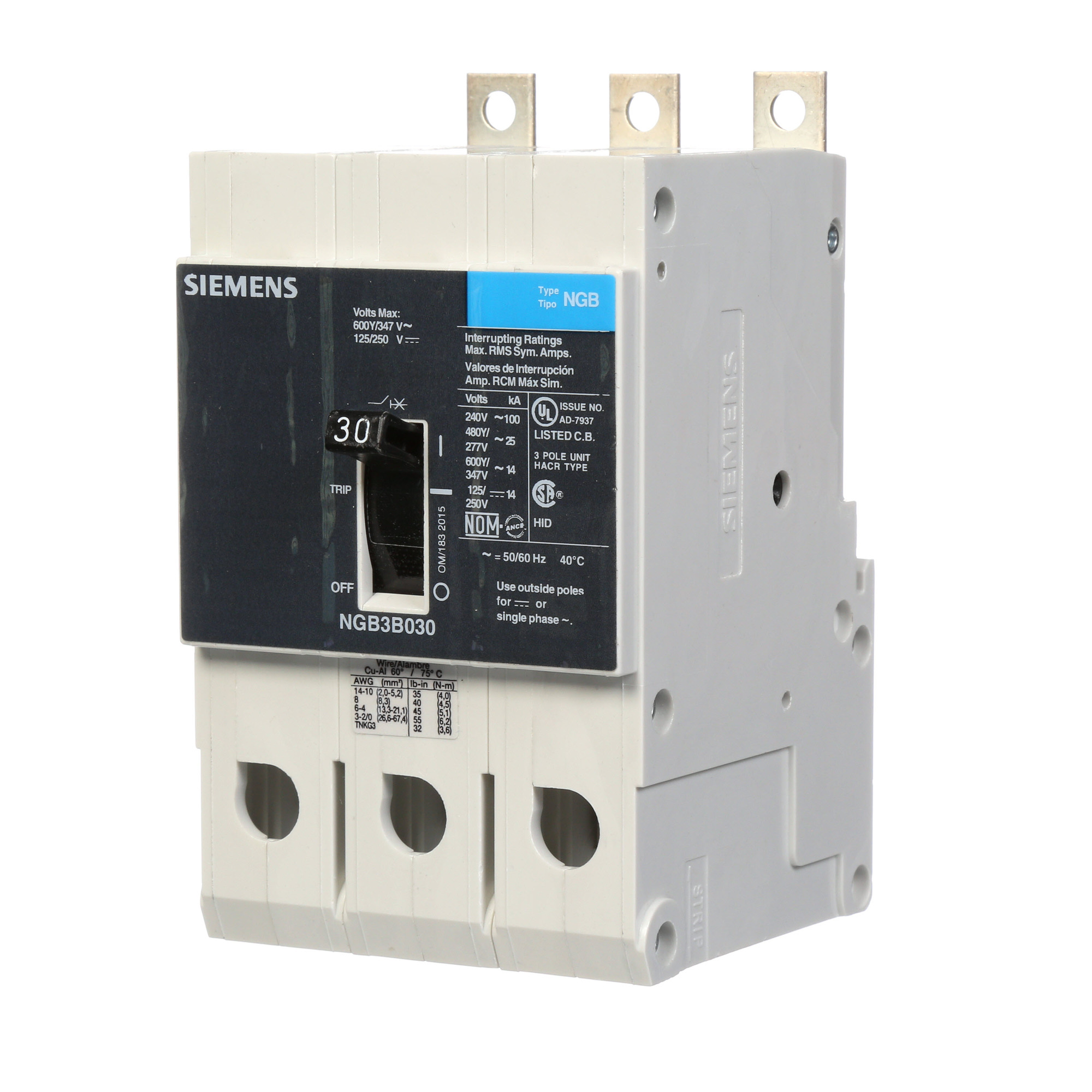  LOW VOLTAGE PANELBOARD MOUNT G FRAME CIRCUIT BREAKER WITH THERMAL - MAGNETIC TRIP. UL LISTED NGB FRAME WITH STANDARD BREAKING CAPACITY. 30A 3-POLE (14KAIC AT 600Y/347V) (25KAIC AT 480Y/277V). SPECIAL FEATURES MOUNTS ON PANELBOARD, LOAD SIDE LUGS ONLY (TC1Q1) WIRE RANGE 14 - 10 AWS (CU/AL). DIMENSIONS (W x H x D) IN 3 x 5.4 x 2.8.