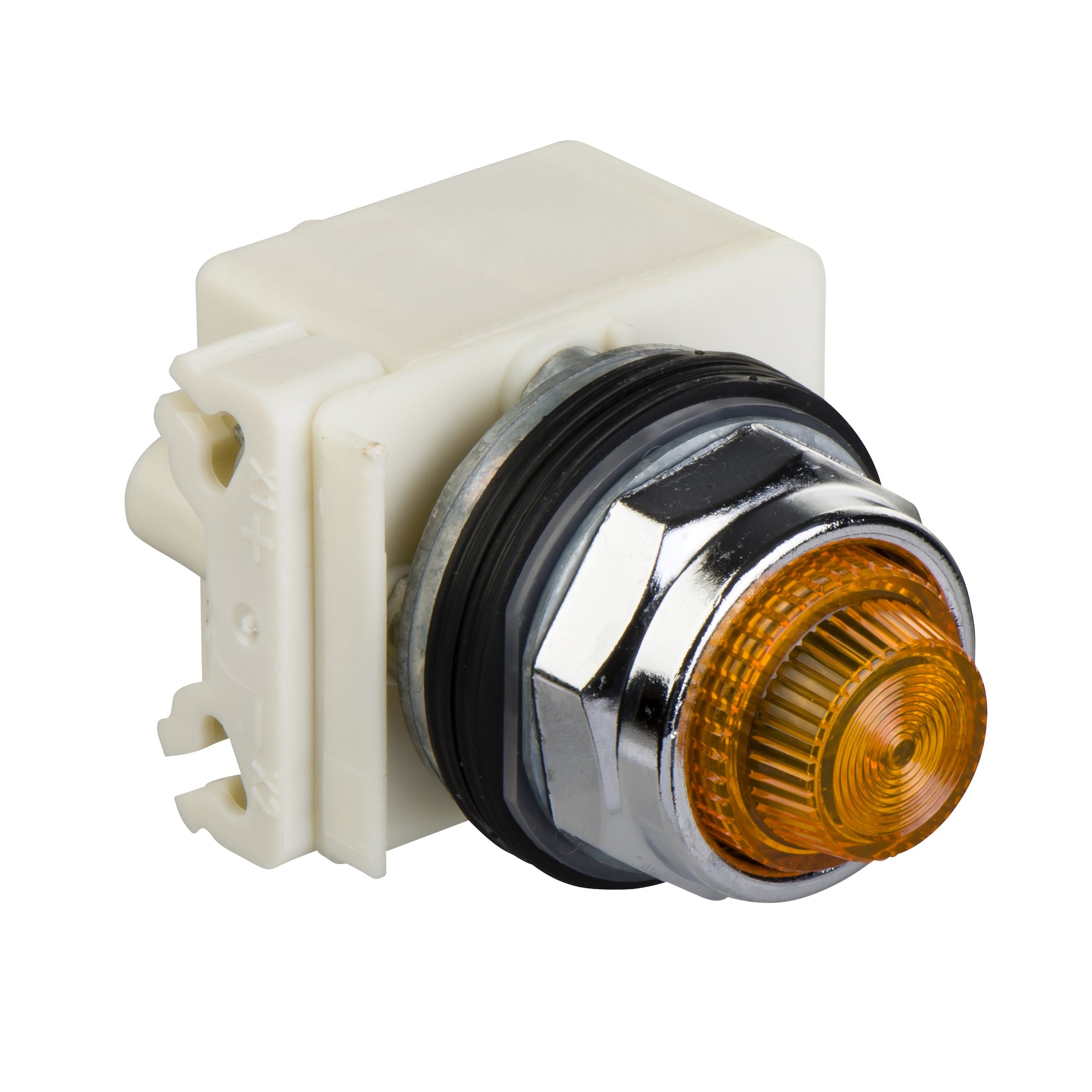 30mm push button, Type K, push to test pilot light, yellow LED light module, 120VAC, amber fresnel lens, NEMA 4, 13