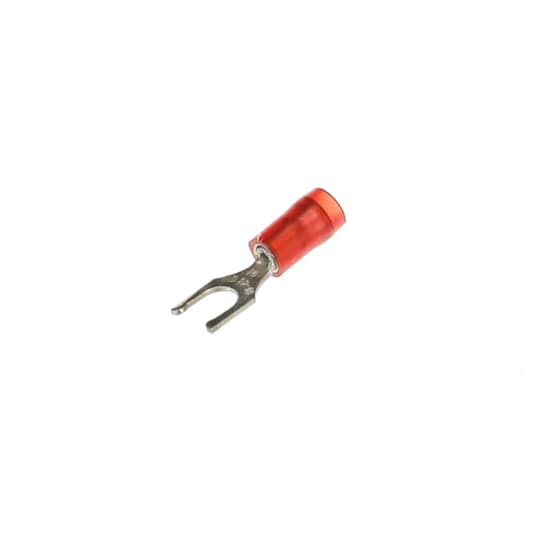 Nylon Insulated Locking Fork Terminal, Length .86 Inches, Width .29 Inches, Maximum Insulation .136, Bolt Hole #10, Wire Range #22-#16 AWG, Color Red, Copper, Tin Plated