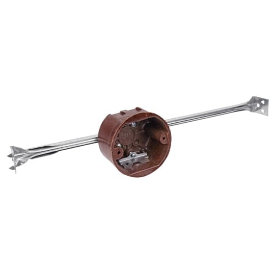 Round Ceiling/Fixture Outlet Box with Bar Hanger, Volume 13.5 Inches, Diameter 3-1/2 Inches, Depth 2-1/8 Inches, Color Brown, Material Phenolic, Mounting Means 24 Inch Bar Hanger, 16-1/1 Inch Minimum - 27 Inch Maximum with High Clamps