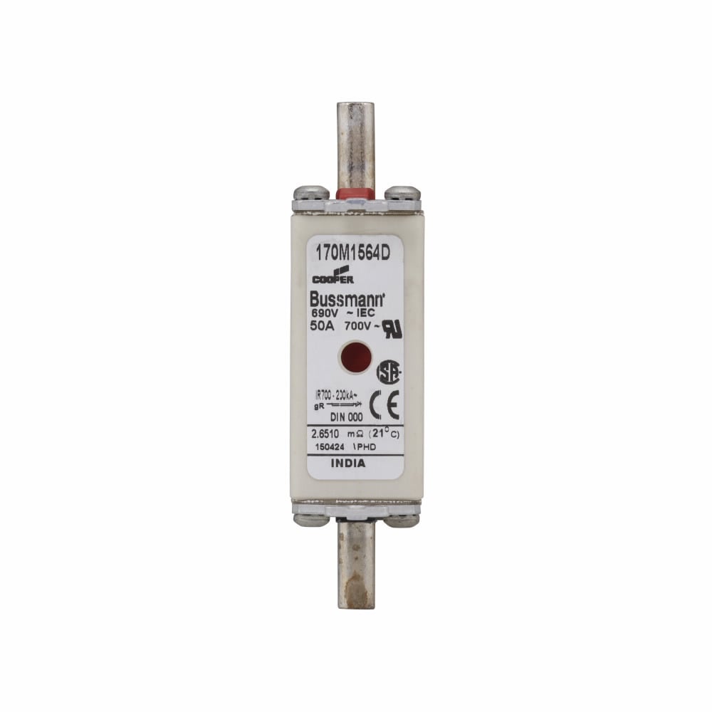 Eaton Bussmann series high speed square body fuse, 50A, 200 kAIC, Combination fuse status indicator, Fuse, Din 43-620 blade end X Din 43-620 blade end, Class gR