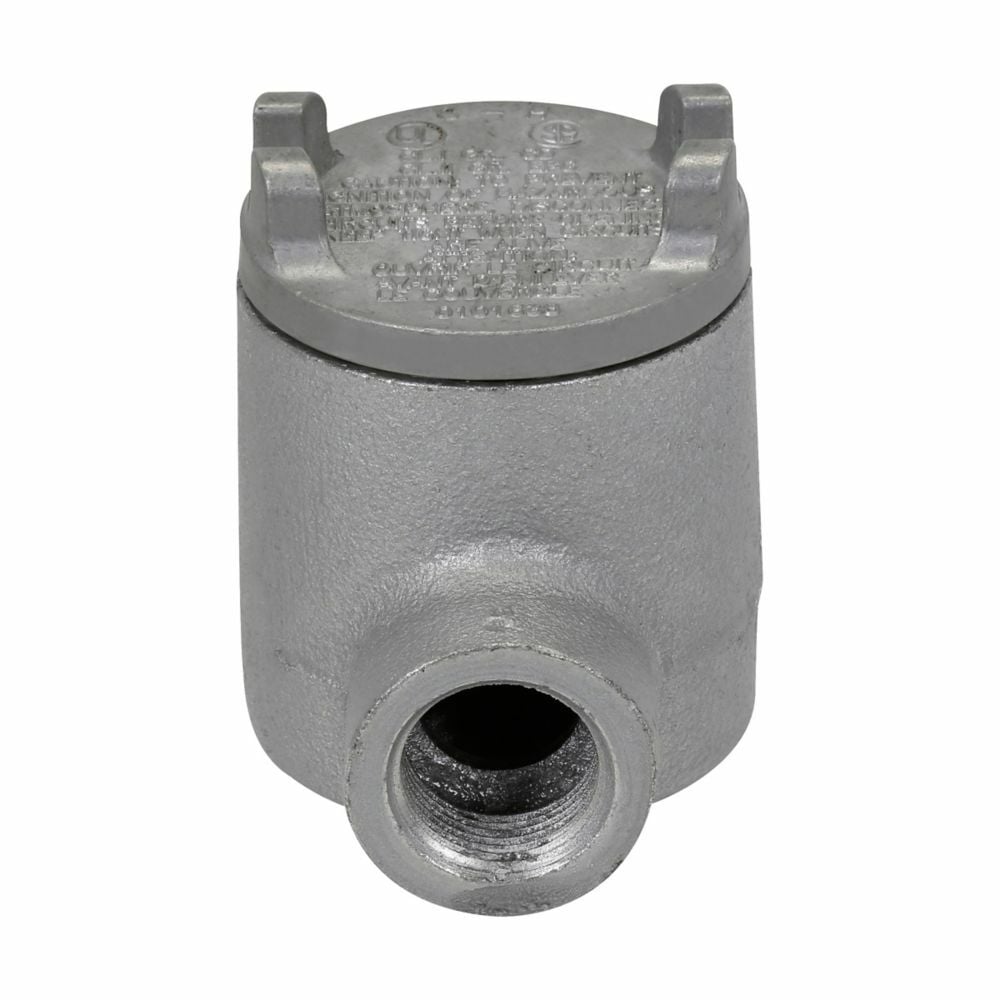 Eaton Crouse-Hinds series Condulet GUA conduit outlet box with cover, 2" cover opening diameter, Feraloy iron alloy, B shape, 1/2"