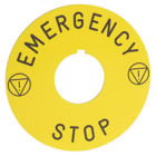 30mm Push Button, Types K or SK, plastic legend plate, 60 mm diameter, yellow, black letters, marked EMERGENCY STOP