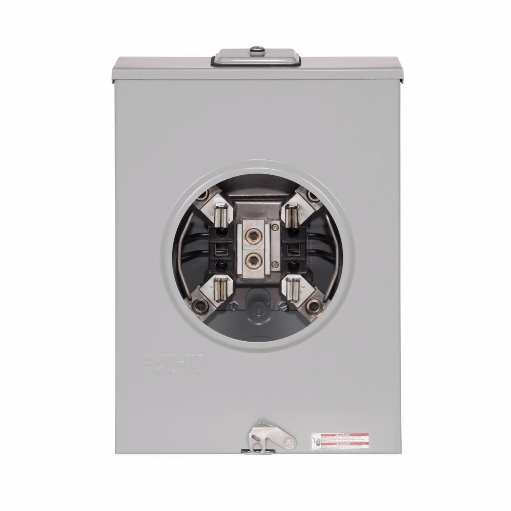 Eaton meter socket, 1-pos resi service, 200A, Over/under, Hub cover plate, #350 kcmil conns, 4-jaw, 1-ph, #350 kcmil conns, Horn bypass, Two grounding conns (#14-#2 Cu), Quadplex, 3-wire, Ringless, 600 Vac