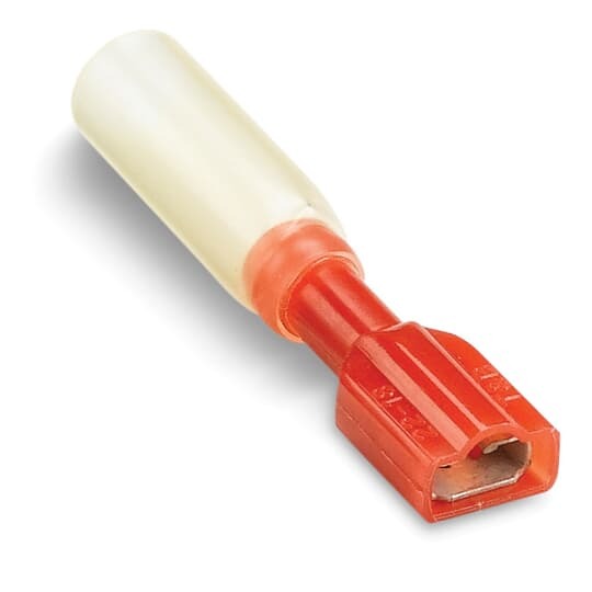 Heat Shrinkable Fully Insulated Female Disconnect Terminal, Length 1.82 Inches, Maximum Insulation .170, Tab Size .250x.032, Wire Range #22-#18 AWG, Color Red, Copper, Tin Plated