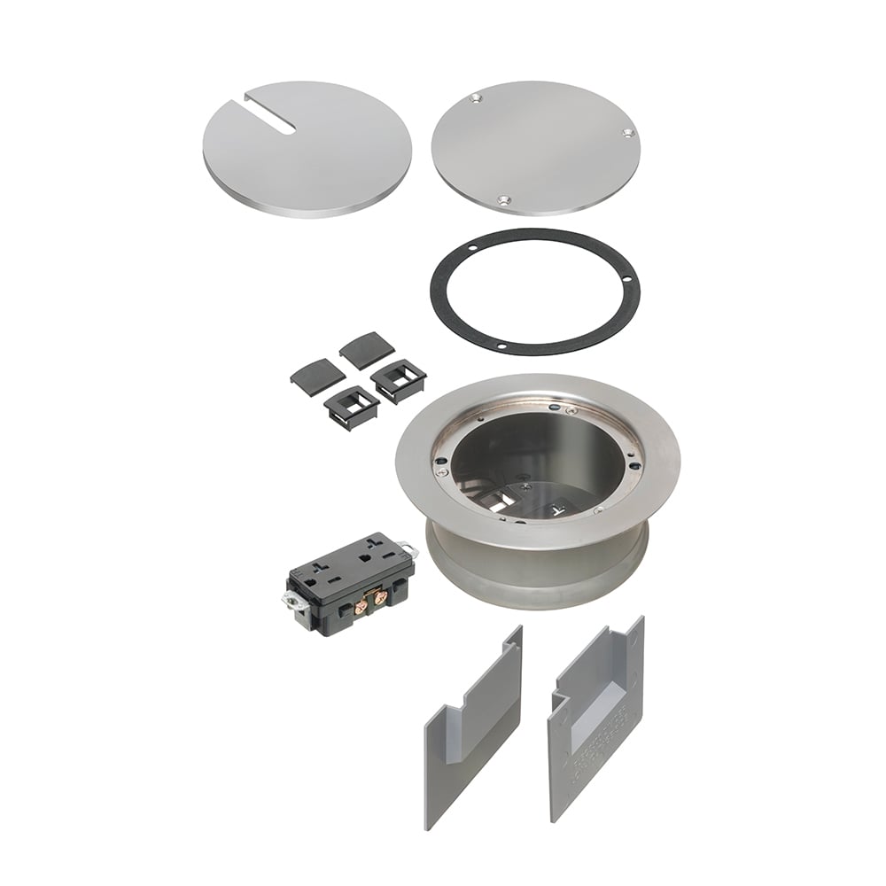 Two low voltage openings. Ultra-thin stamped steel nickel plated flange cover, flush-to-floor in-use and blank cover. Installed UL Listed 20A tamper-resistant decorator-style receptacle.
