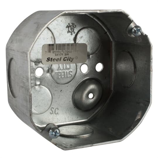 Octagon Box, 22.5 Cubic Inches, 4 Inch Diameter x 2-1/8 Inches Deep, 3/4 Inch Knockouts, Pre-Galvanized Steel, Drawn Construction, For use with Conduit