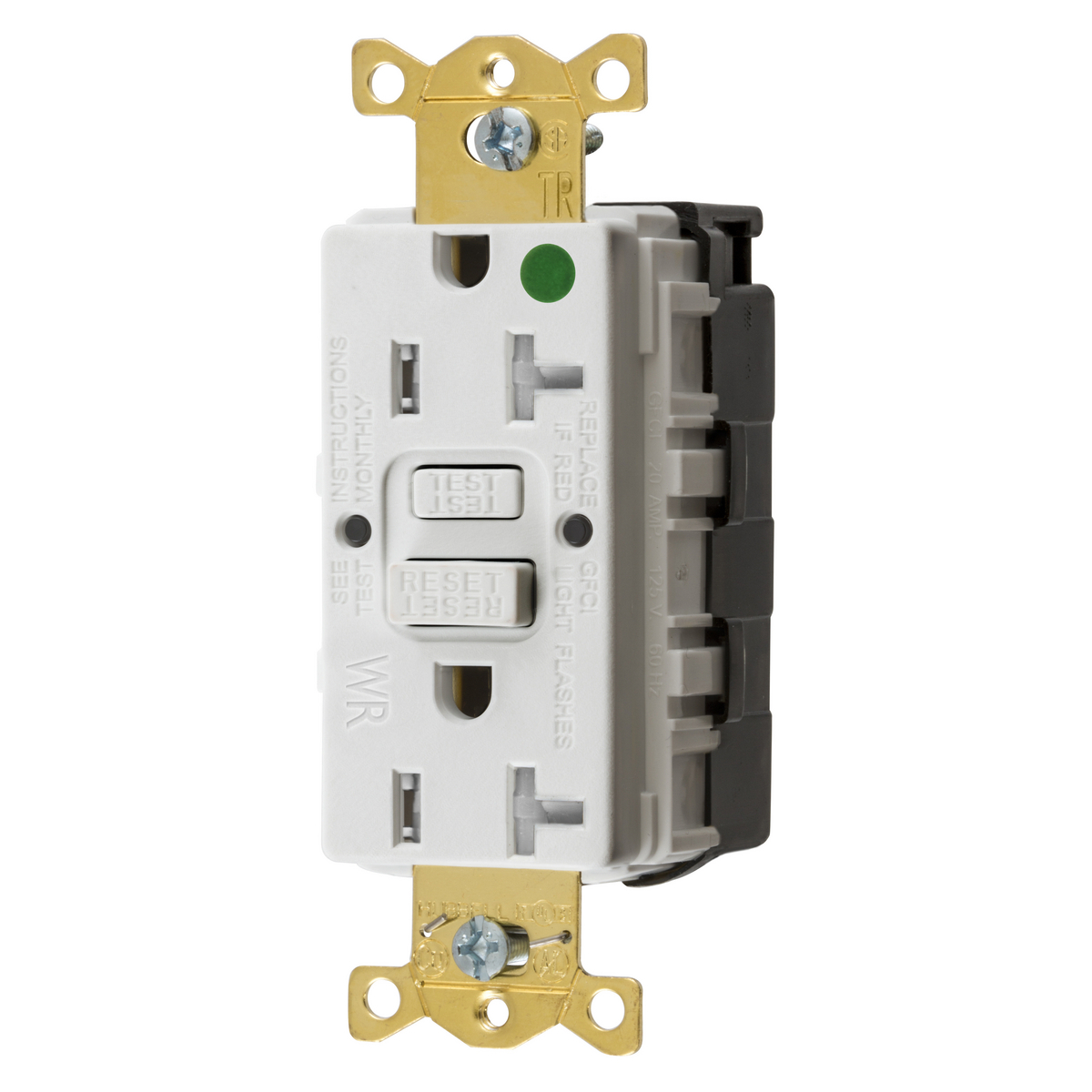 Straight Blade Devices, SNAPConnect Receptacle, GFCI, Tamper and Weather Resistant, Commercial Hospital Grade, Self Test, 20A 125V, 2-Pole 3-Wire Grounding, 5-20R, White