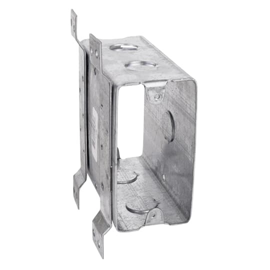 Thru-Wall Box, 32 Cubic Inches, 4 Inches Long x 2-1/16 Inches Wide x 4-5/16 Inches Deep, 1/2 Inch and 3/4 Inch Knockouts for Plaster or Dry Wall, Pre-Galvanized Steel, V Bracket, For use with Conduit