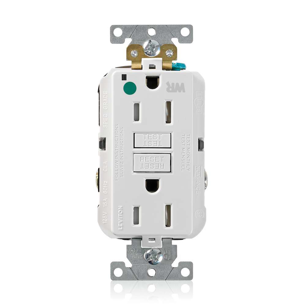 15 Amp, 125 Volt, SmartlockPro Self-Test GFCI Duplex Receptacle , NEMA 5-15R, 2P, 3W, Extra-Heavy Duty Hospital Grade, Weather & Tamper-Resistant, 20A Feed-Through, Back or Side Wired - WHITE