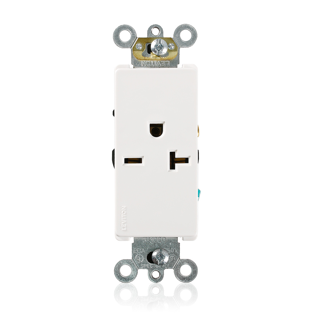 20 Amp, 250 Volt, NEMA 6-20R, 2P, 3W, Decora Plus Single Receptacle, Straight Blade, Commercial Grade, Self-Grounding, , , Back & Side Wired, Steel Strap, - White