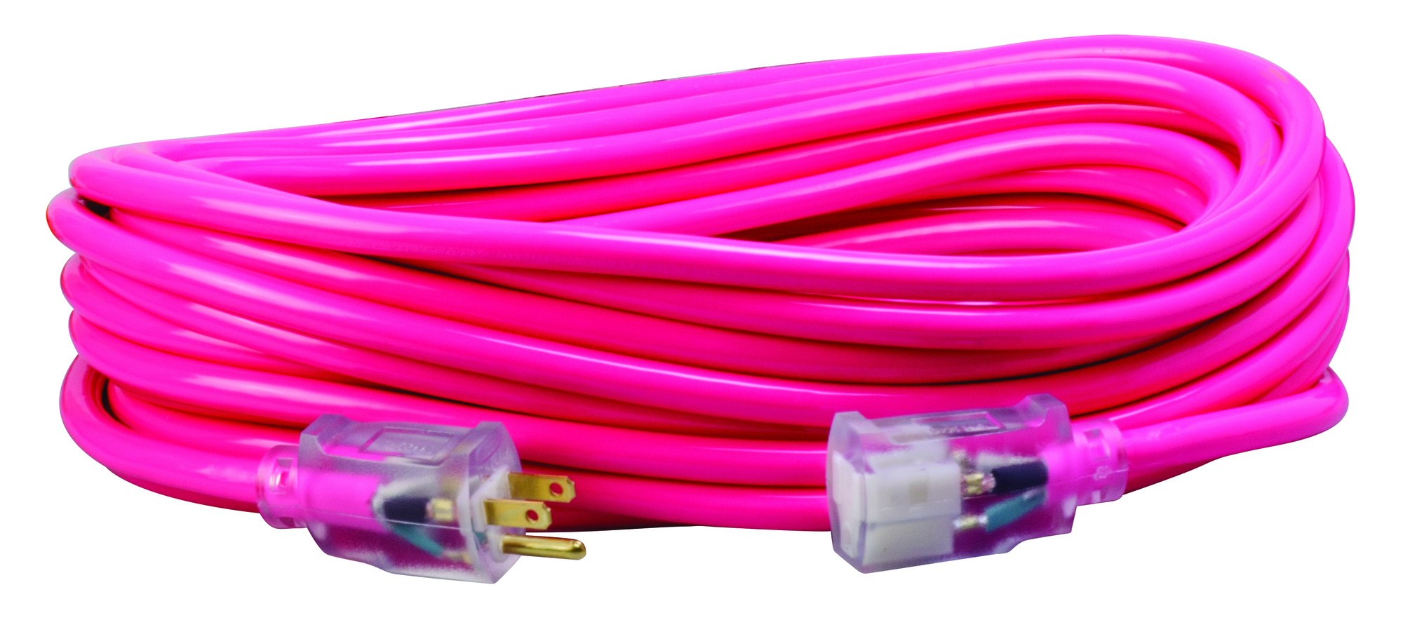 The 5-Feet 12/3- Neon All Purpose Extension Cord with lighted ends has a hard service with a thermoplastic constructed jacket which makes it weather resistant for outdoor use. This contractor grade SJTW cord features a neon jacket in a variety of colors, nine different color combinations, this one in a gloss pink, adds to the safety and theft deterrence on the jobsite. This outdoor extension cord features a clear molded plug with a power indicator light in the female receptacle to show that the power is on and includes a heavy-duty strain relief and a reinforced blades for added durability.