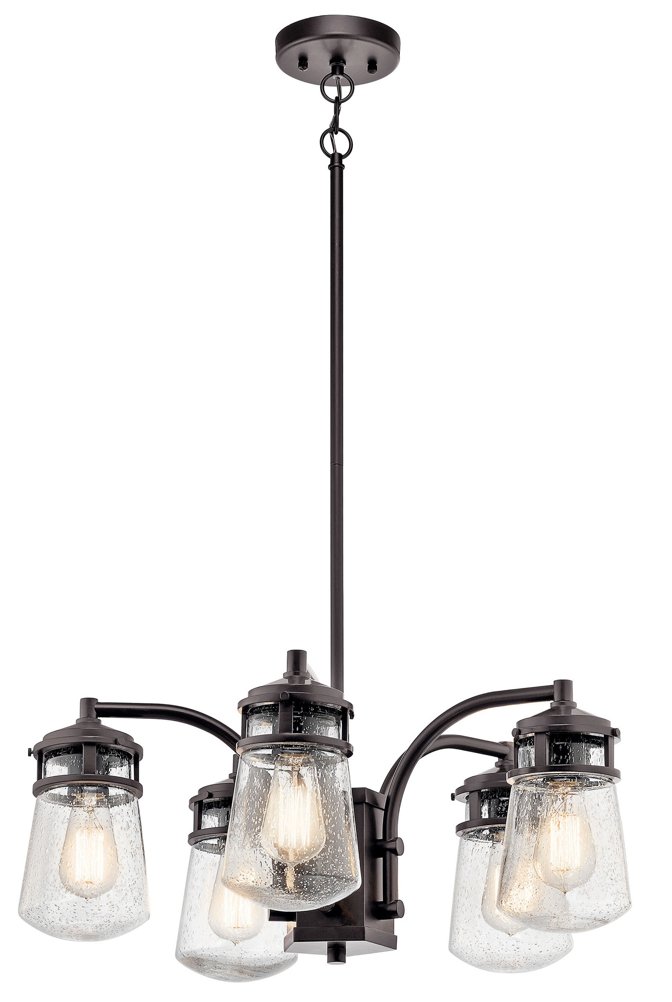 This 5 light outdoor chandelier from the Lyndon(TM) collection combines a simple streamline design with an emphasis on traditional details. Featuring a beautiful Architectural Bronze(TM) finish and Clear Seedy Glass, this fixture can effortlessly blend with your existingdacor.
