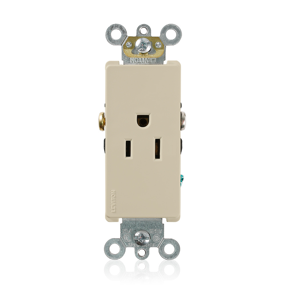 15 Amp, 125 Volt, NEMA 5-15R, 2P, 3W, Decora Plus Single Receptacle, Straight Blade, Commercial Grade, Self-Grounding, , , Back & Side Wired, Steel Strap, - IVORY