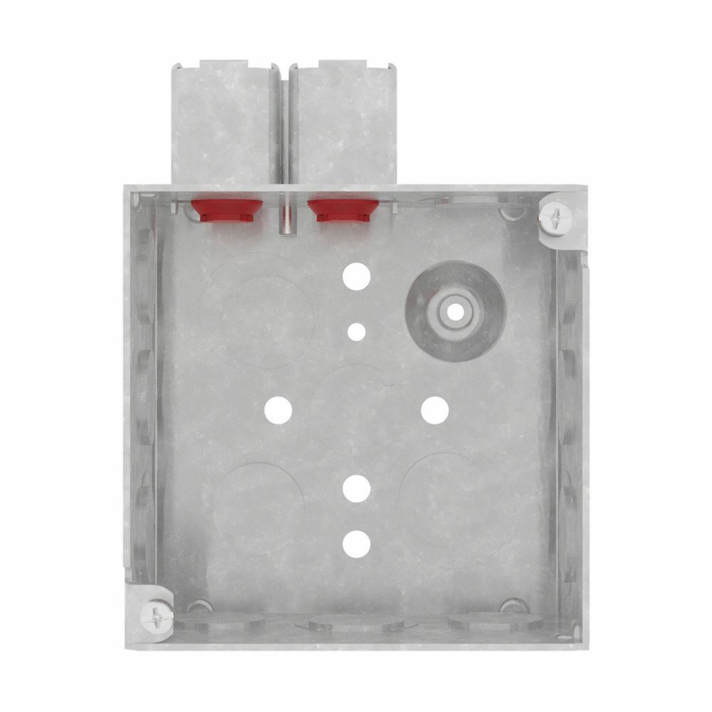 Eaton Crouse-Hinds series Quick-Lok 4" square outlet box, (2) 1/2",  (2) 1/2"+ 3/4" E bottom KOs, Ground bump, 2 cable KOs, Welded, 2-1/8" depth, Steel, (6) 1/2", (4) 1/2" + 3/4" E side KOs, 30.3 cu in