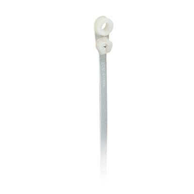 Integrated Mounting Hole Cable Tie, Natural Polyamide (Nylon 6.6) for Temperatures up to 85 Degrees Celsius (185 F) for Indoor Applications, Length of 91mm (3.6 Inches), Width of 2.5mm (0.1 Inches), Thickness of 1mm (0.04 Inches), Tensile Strength Rating of 80 Newtons (18 pounds), #4 Screw for Mounting, Bulk Pack