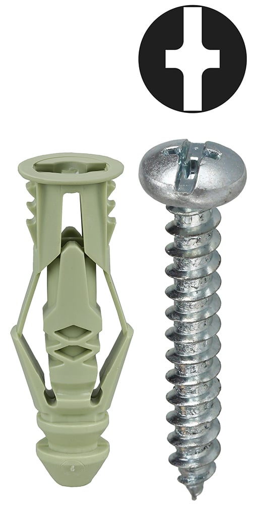 Anchor Kit, #12 x 1-1/2 IN Size, 101 pieces, Nylon material, 3/8 in. drill size, includes (50) #12 Green Triple Grip Anchor and (1) Carbide Masonry Drill and (50) #12 x 1-1/2 IN Phillips/Slotted Head Sheet Metal Screw