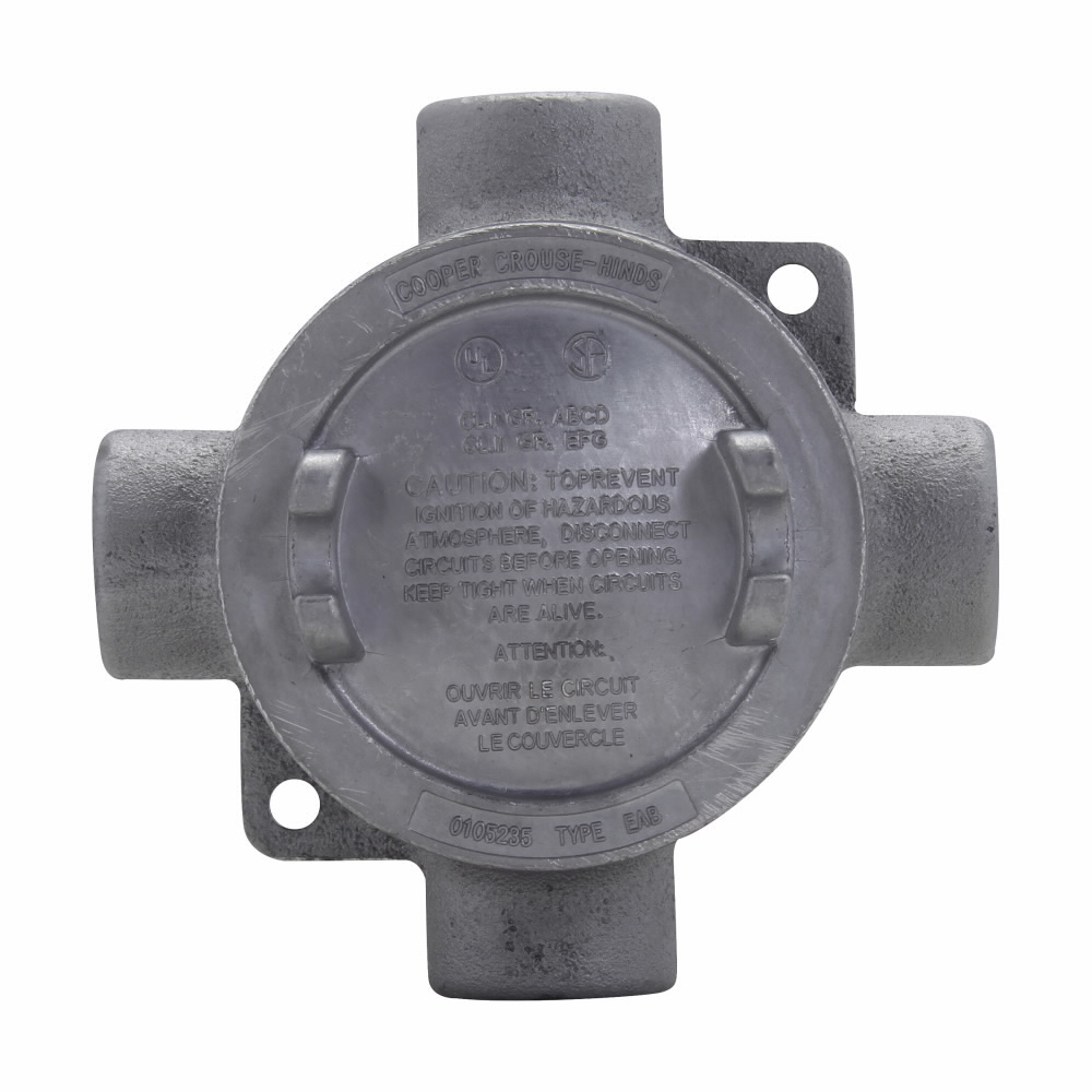 Eaton Crouse-Hinds series Condulet EAB conduit outlet box with cover, 3" cover opening diameter, Feraloy iron alloy, Y shape, 1/2"
