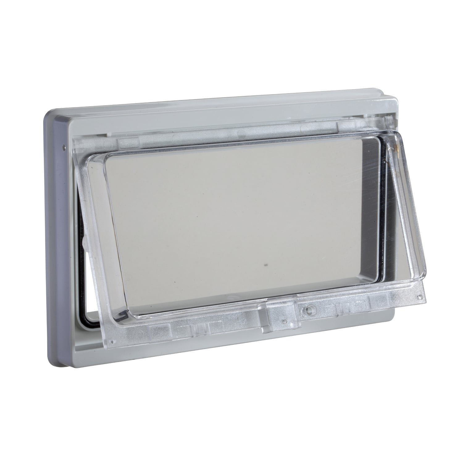 Plastic window with hinged transparent cover, L78xW180mm.