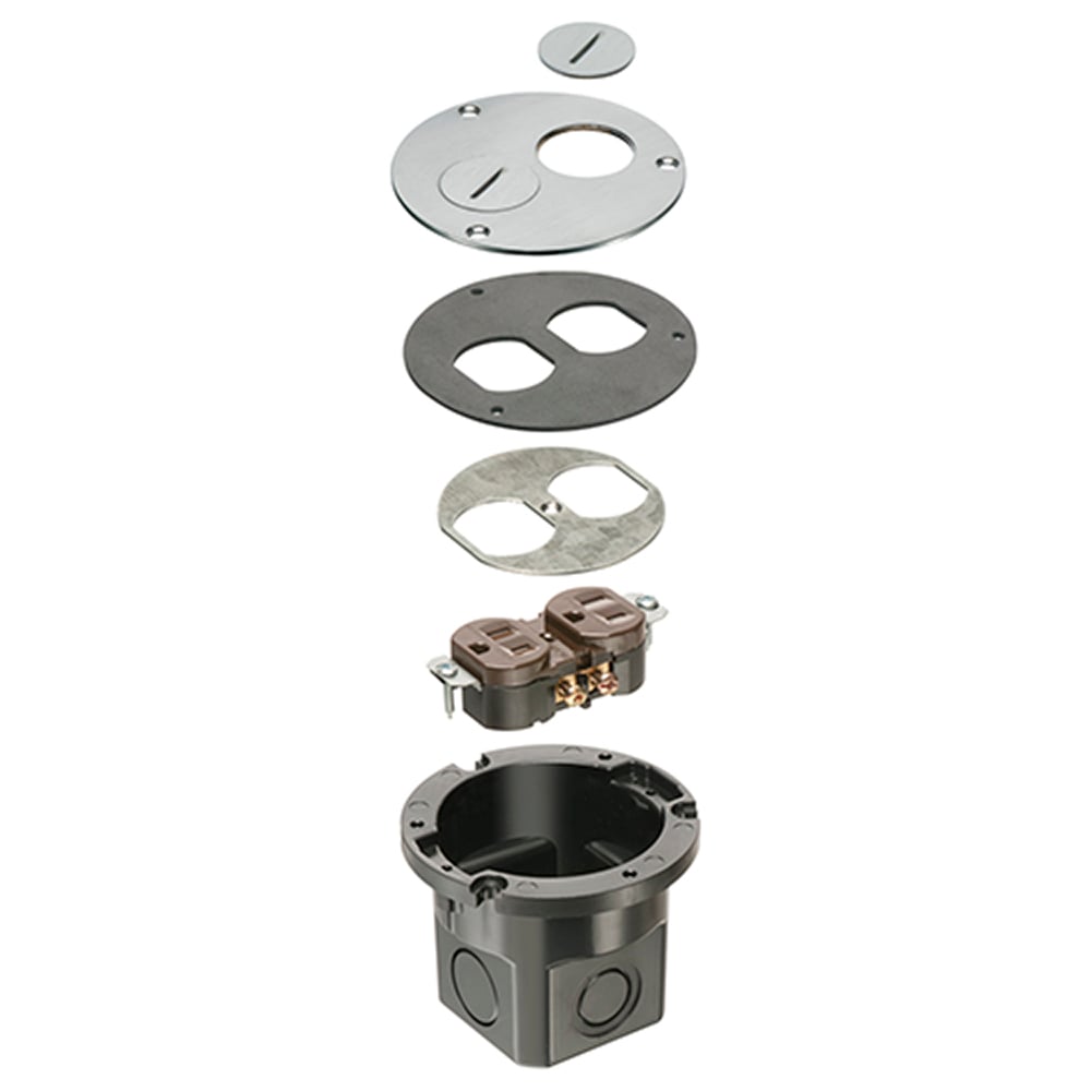 Flush to floor round cut in floor box kit. Nickel cover with threaded plugs.