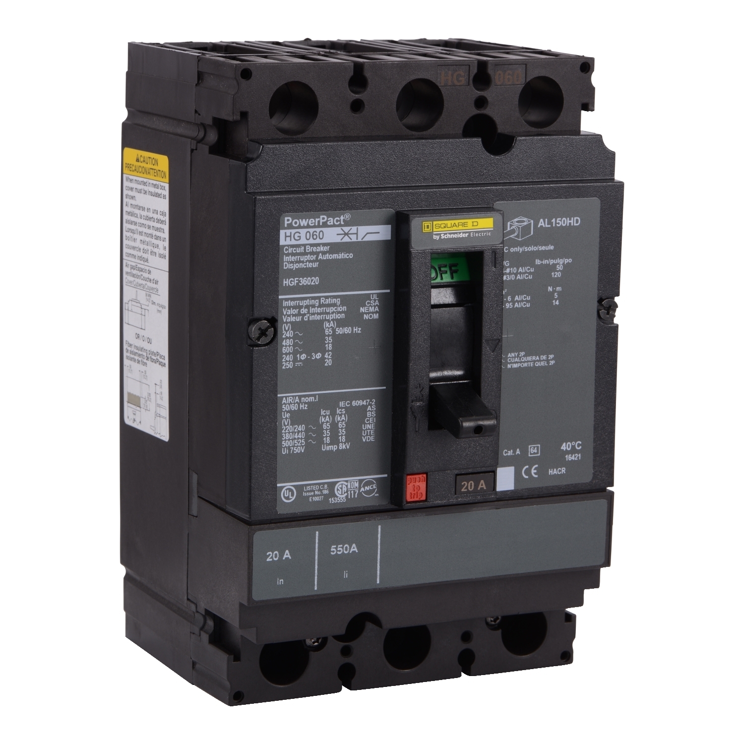 Circuit breaker, PowerPacT H, 40A, 3 pole, 600VAC, 18kA, busbar, thermal magnetic, 80%