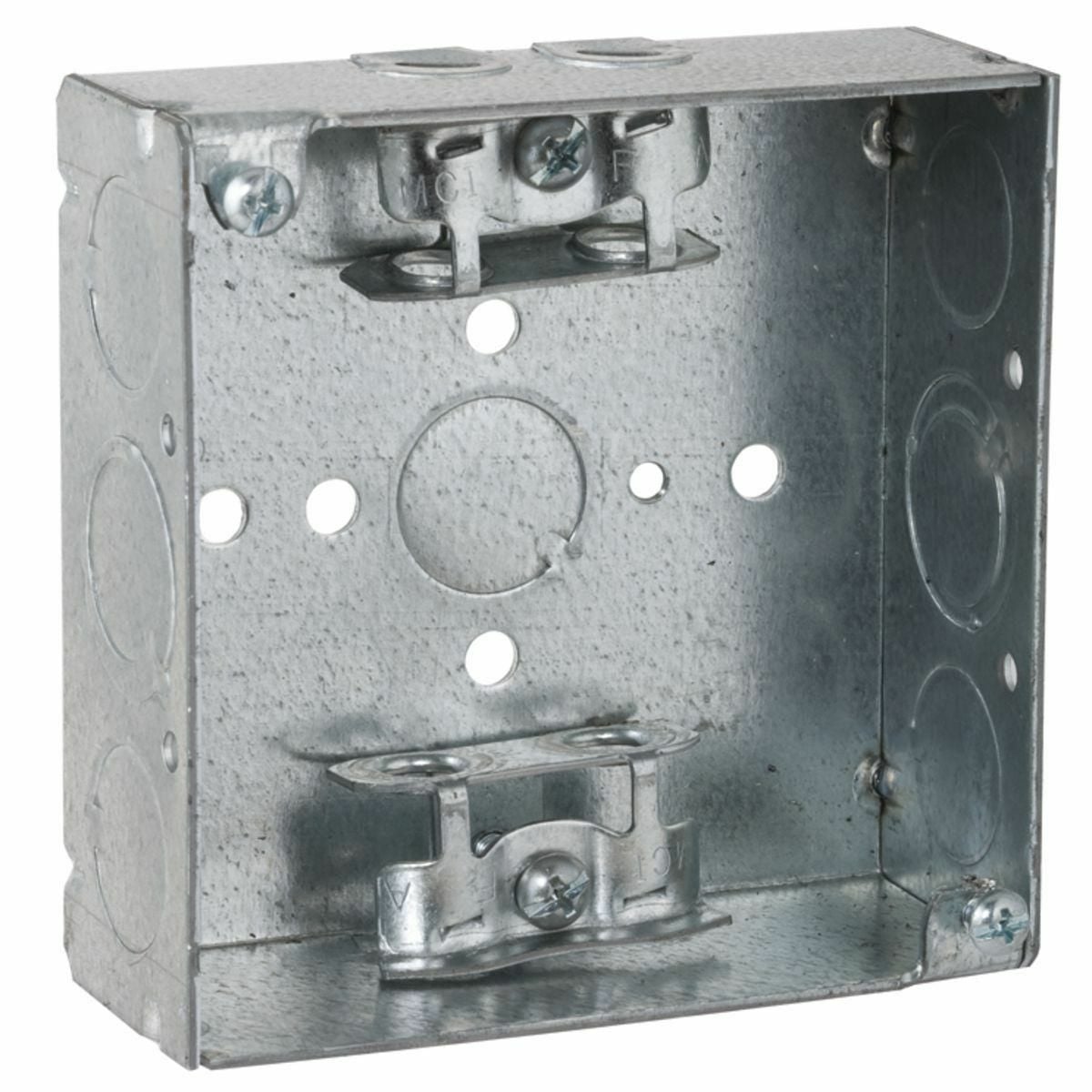 4 In. Square Boxes, 1-1/2 In. Deep - Welded with AC/MC/Flex Clamps,600V