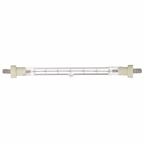 Halogen Double Ended Halogen Lamp, Designation: 500T3Q/CL, 120 V, 500 WTT, T3 Shape, Flat Blade Blade Base, Clear, C-8 Filament, 1500 HR, Lumens: 9500 LM Initial, 5-13/16 IN Length, 3/8 IN Diameter