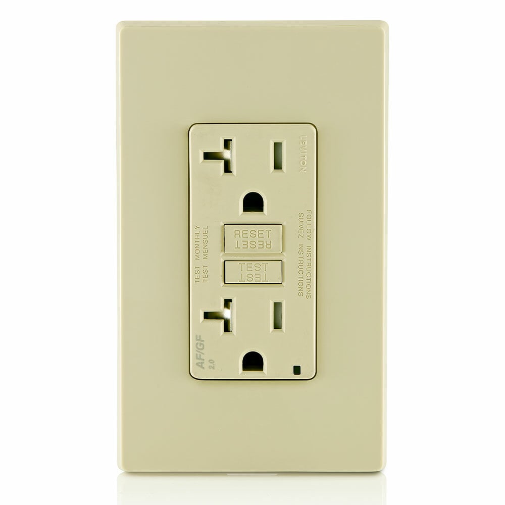 20 Amp, 125 Volt Dual Function AFCI/GFCI Receptacle, 20 Amp Feed-Through, Tamper-Resistant, Monochromatic, back and side wired, nylon wallplate/faceplate, screws and self-grounding clip included  Ivory