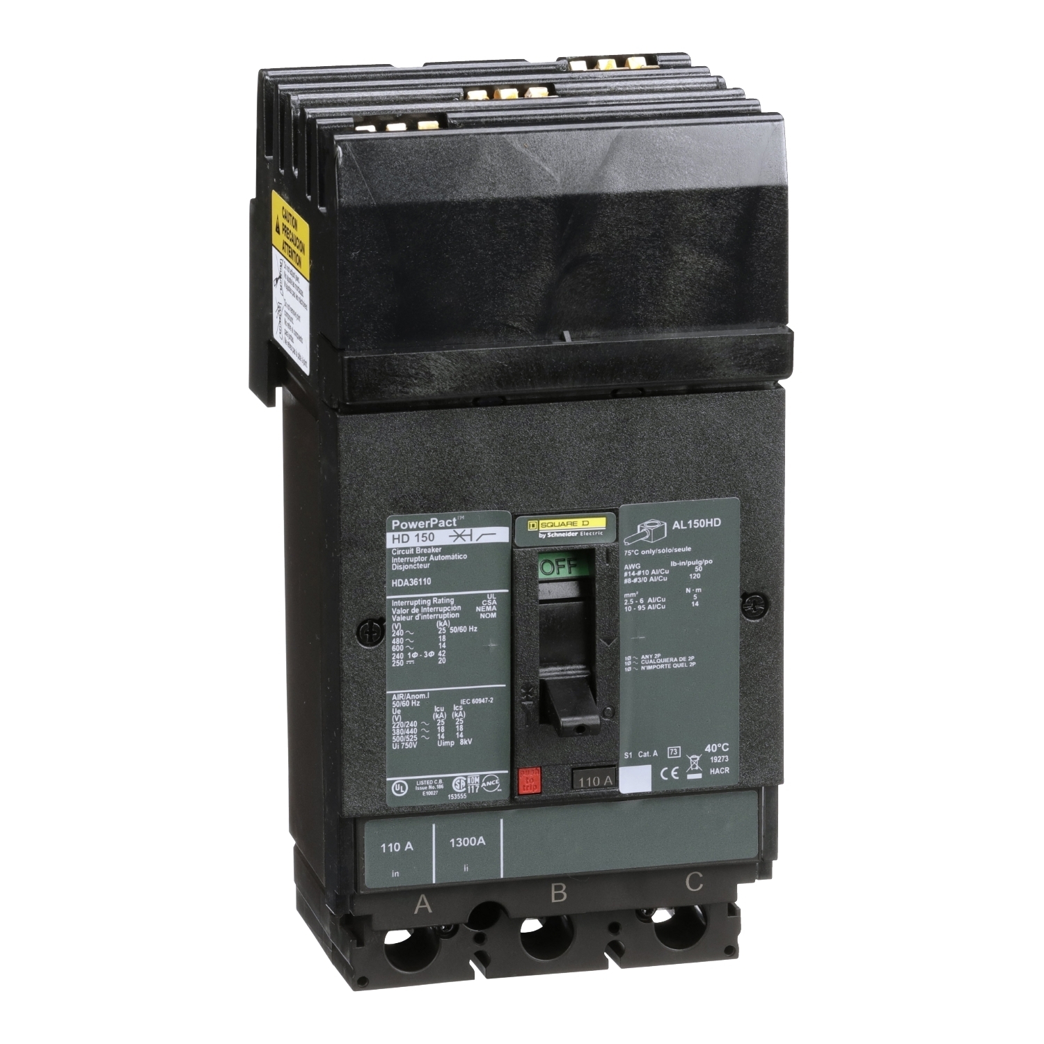 Circuit breaker, PowerPacT H, 110A, 3 pole, 600VAC, 14kA, I-Line, thermal magnetic, 80%, ABC