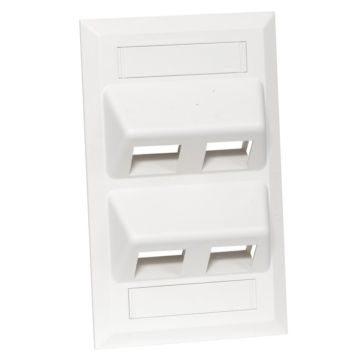 Hubbell Premise Wiring's angled wall plates offer 45 jack and Audio/Video connector mounting along with TIA/EIA-606A station labeling ability and the traditional features of HPW's standard flush wall plates.The design of the AFP plate positions the patch cord down at an angle of 45, which provides additional protection against exceeding the minimum bend radius. The 45 angle also protects the patch cord/jack connection from being damaged from office furniture. AFP plates include 2 smooth locations for adhesive labels or can be fitted with optional snap in clear label covers and paper inserts.