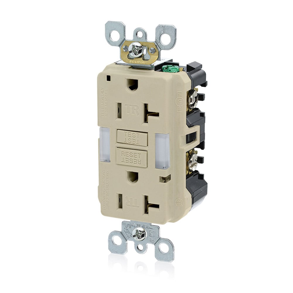 20 Amp, 125 Volt Receptacle/Outlet, 20 Amp Feed-Through, Tamper-Resistant, Self-test SmartlockPro Slim Guide Light GFCI, Monochromatic, back and side wired, self-grounding clip included, wallplate/faceplate sold separately - Ivory